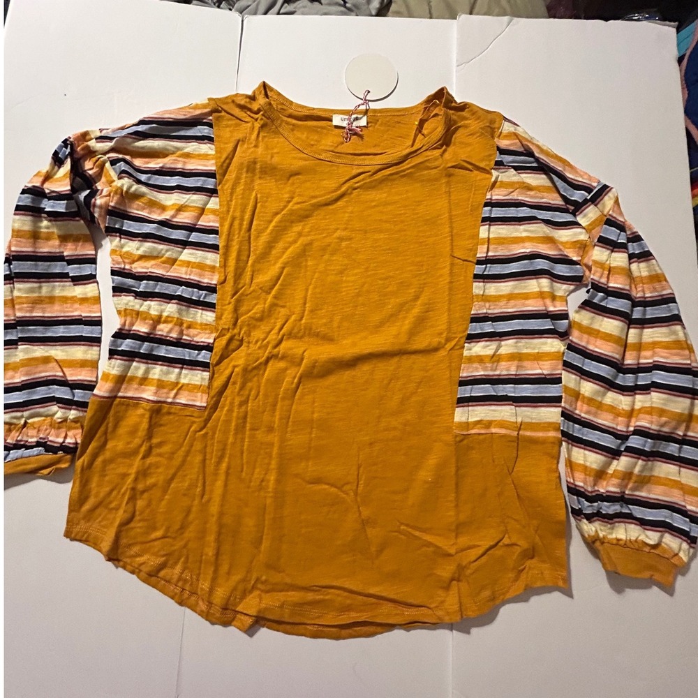 Umgee Mustard Yellow Striped Balloon Sleeve Cotton Top L NEW Boho Hippie